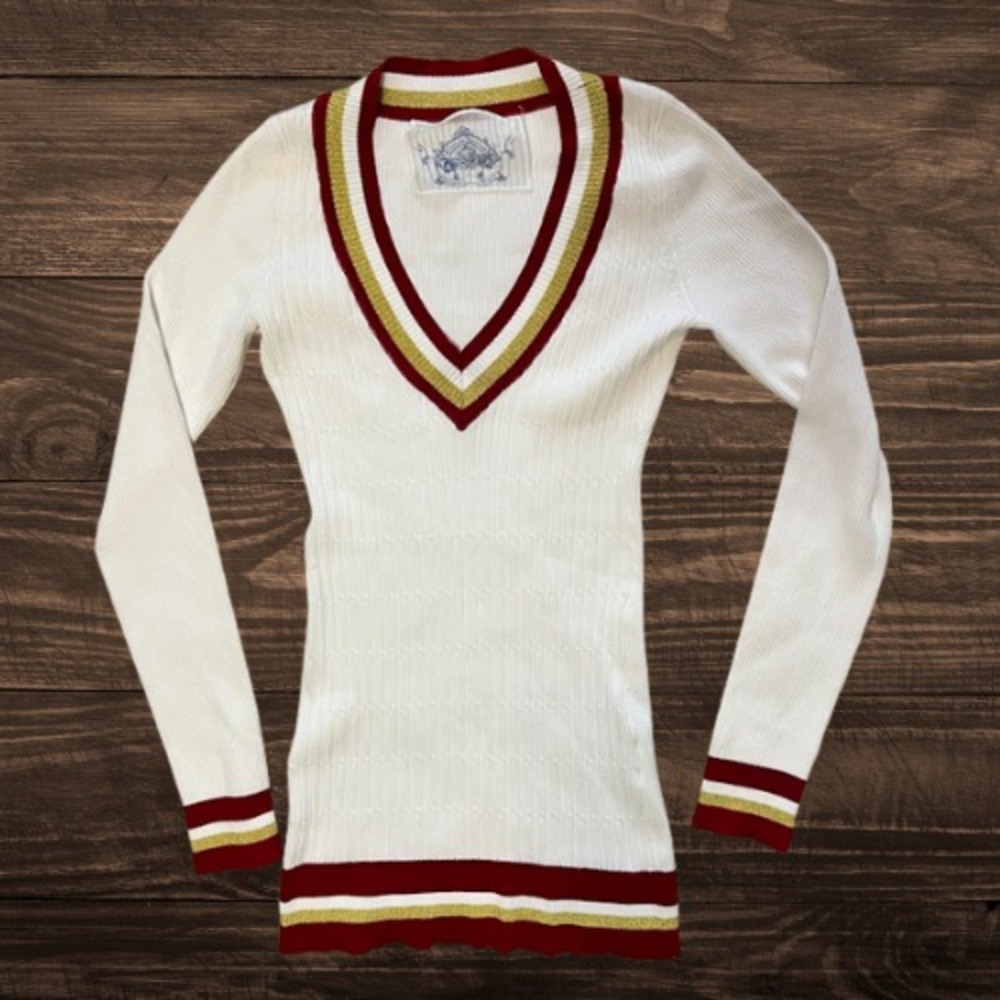 VTG Y2K Guess Jeans Ribbed Sweater Women White Red Gold Deep V Varsity Preppy - Picture 1 of 9